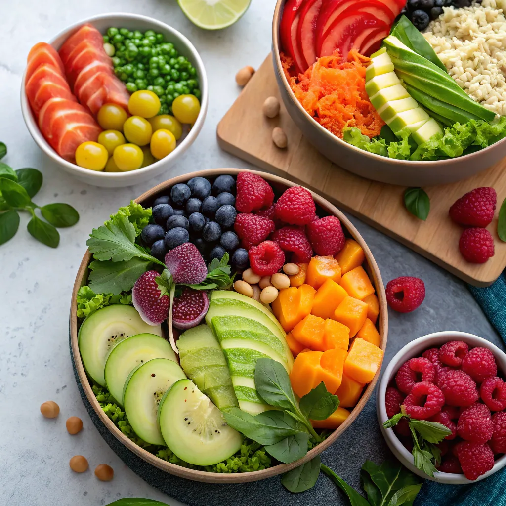 A colorful array of raw food dishes