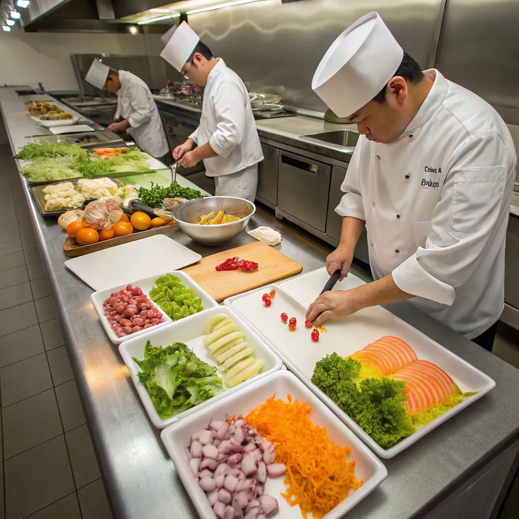 Team preparing raw dishes